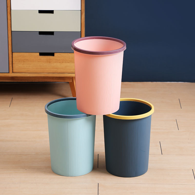 Thickened Round Striped Trash Bin Household Pressure Ring Kitchen Trash Bin Bathroom Living Room Coverless Trash Bin