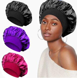 Cross-border hot sale solid color wide brim high elastic adult nightcap men and women fashion hair care beauty shower cap satin chemotherapy cap