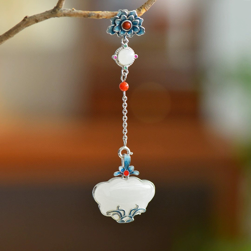 New national style cheongsam press button pendant dual-use silver plated burning blue Ruyi lock orchid new Chinese style pendant brooch