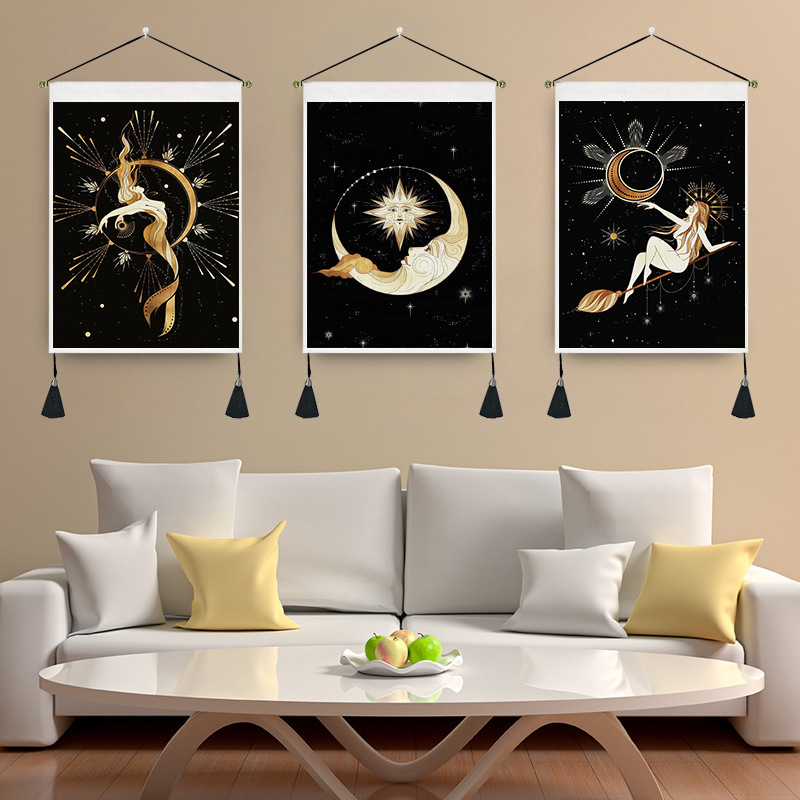 200g Weight Tapestry Home Textiles & Decor Type Polyester Material Human, Starry Sky, Moon Pattern Retro Style White, Gold, Black Color Retro Human Starry Sky Moon Polyester Tapestry Wall Art 1