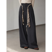 【克拉克晚霞手工编织腰带】歌铭纯色高腰阔腿直筒休闲裤女N676C