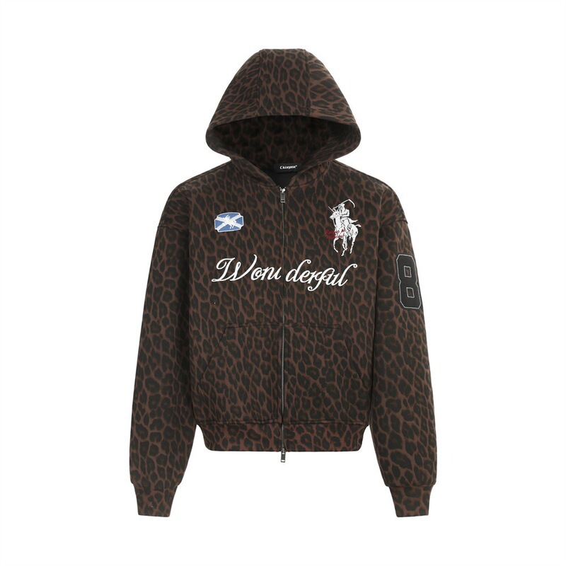 Leopard Print Hooded Jacket European and American Trendy Brand Men's Clothing Letter Embroidery Two-Way Zipper Sweatshirt Loose Casual Spring and Autumn in Stock