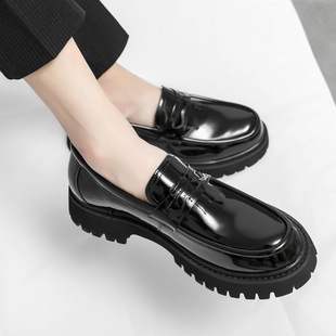 2025 Spring and Autumn Youth Slip-on Loafers Thick-soled Booster Shoes Black Fashion Men's Casual Leather Shoes