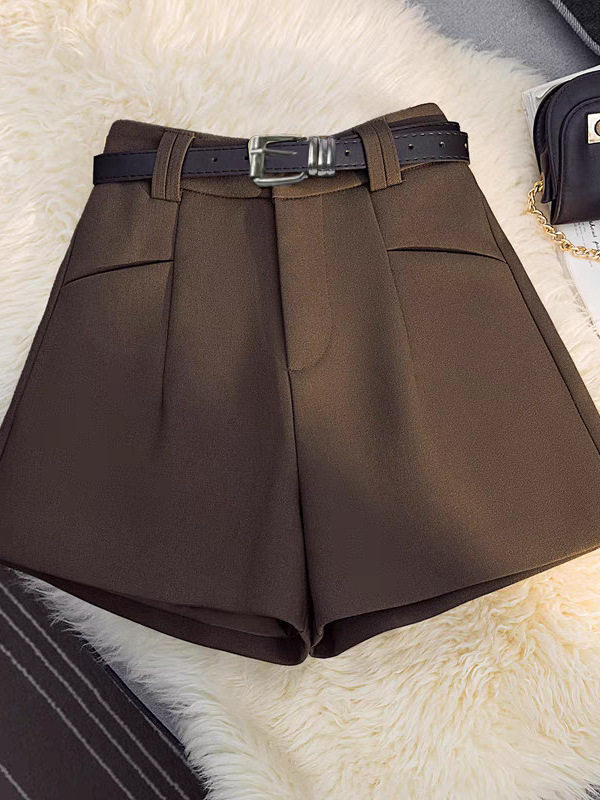Quần short dạ nữ cạp cao ống đứng phong cách công sở kèm thắt lưng — Màu cà phê, tặng kèm thắt lưng, Màu xám đậm, tặng kèm thắt lưng, Màu yến mạch, tặng kèm thắt lưng, Màu đen, tặng kèm thắt lưng
