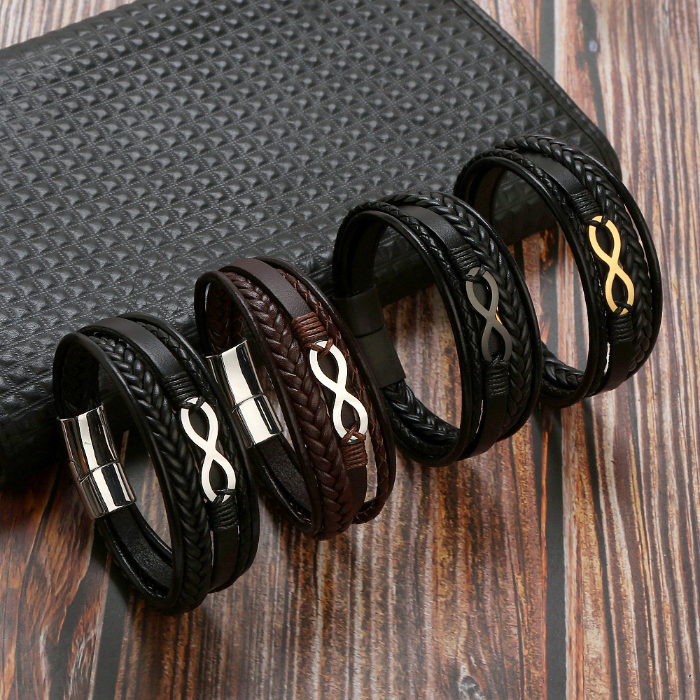 Retro Number Leather Titanium Steel Braid Men's Bangle display picture 1