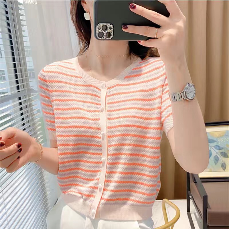 Gentle and Generous Small Chanel Style Cardigan Summer New Color Striped Short-sleeved Ice Silk Knitted Sweater Thin Top for Women