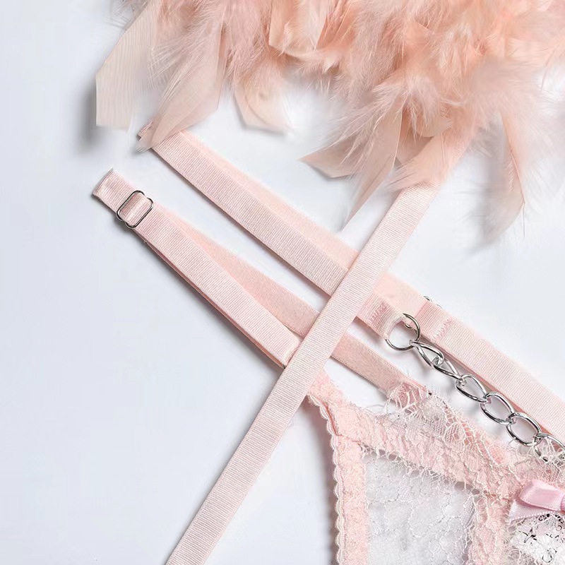 Pink Chained Feather Lace Lingerie set | Luxiaa Clothing - Sexy Lingerie Online
