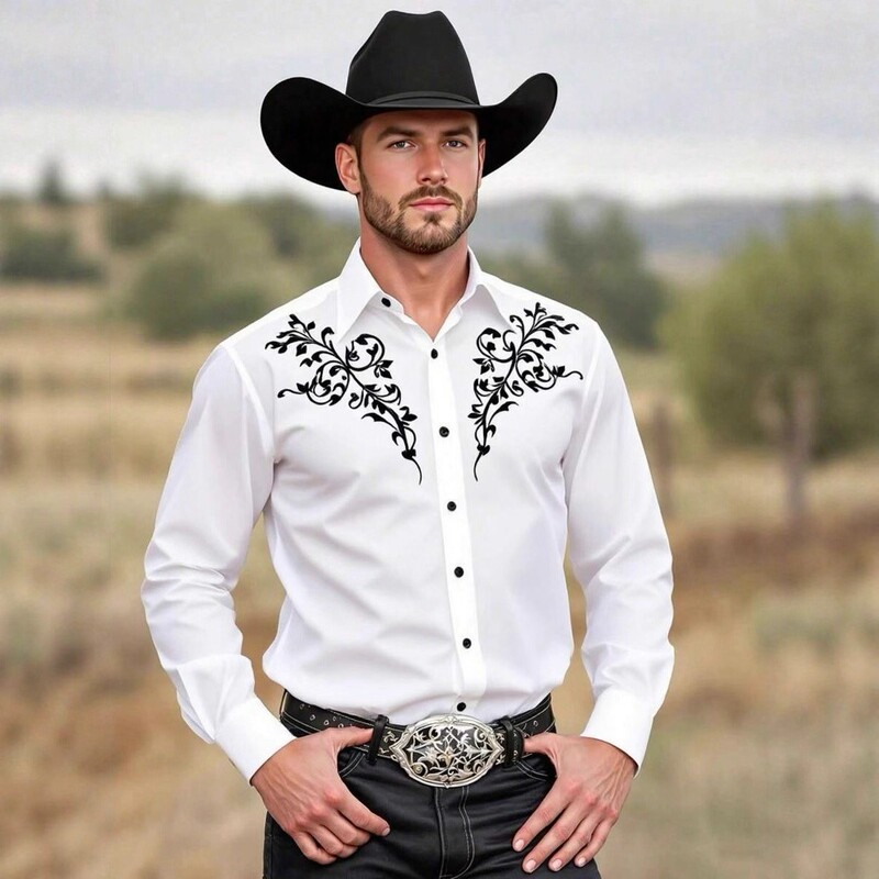 European and American Western Men's Shirts Cross-Border Amazon Casual Shirts Spring and Autumn Four-Way Stretch Printed Anti-Wrinkle Long-Sleeved Shirts