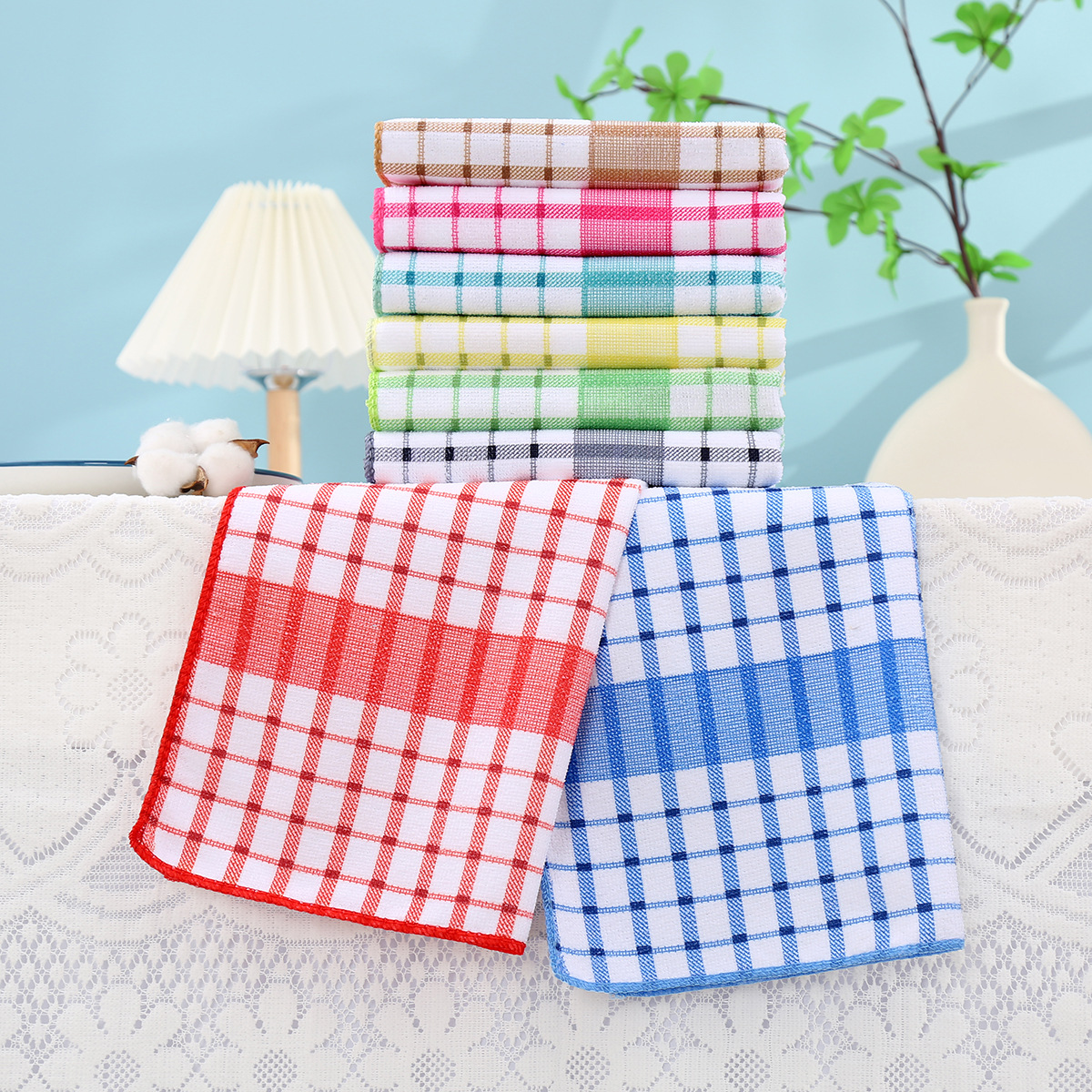 Toallas de té de cocina a cuadrícula al por mayor toallas de cocina absorbentes transfronterizas toallas suaves toallas waffle etiquetas de envío