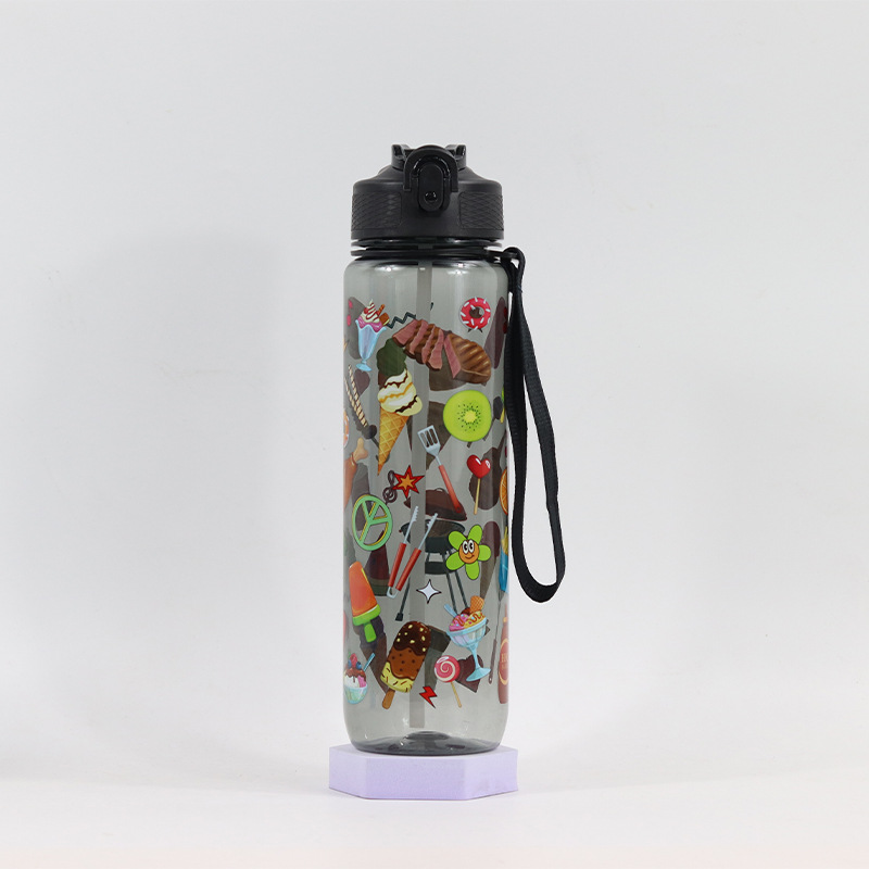 Taza de plástico transparente, 1000ml, tapa de rebote, con escala y pajita, deporte outdoor