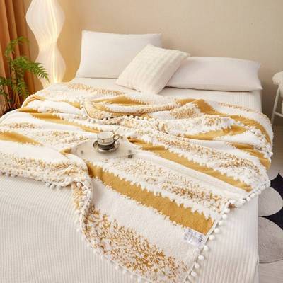 2026爆款跨境专供外贸出口300克重双面条纹阳离子提花毛球毛毯盖|ms