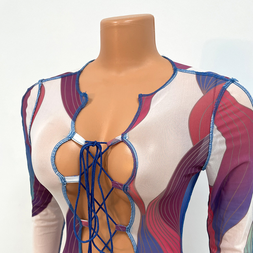 Autumn Sexy Mesh See through Tied Long Sleeves Jumpsuit