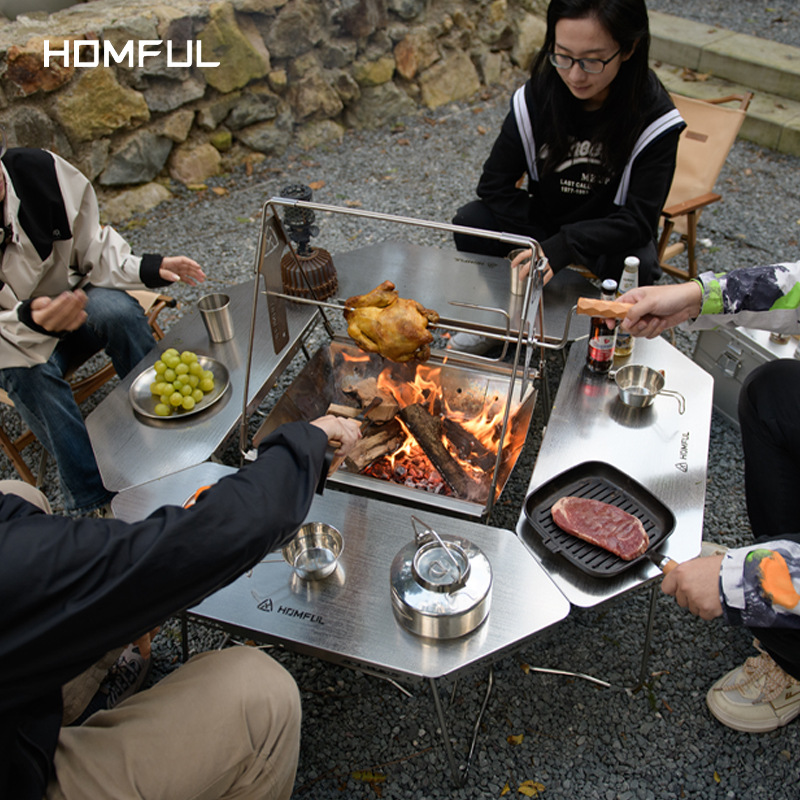 Homful Haofeng Mesa de fogata para barbacoa, combinación modular para acampar, mesa envolvente multifuncional de acero inoxidable, ocio al aire libre