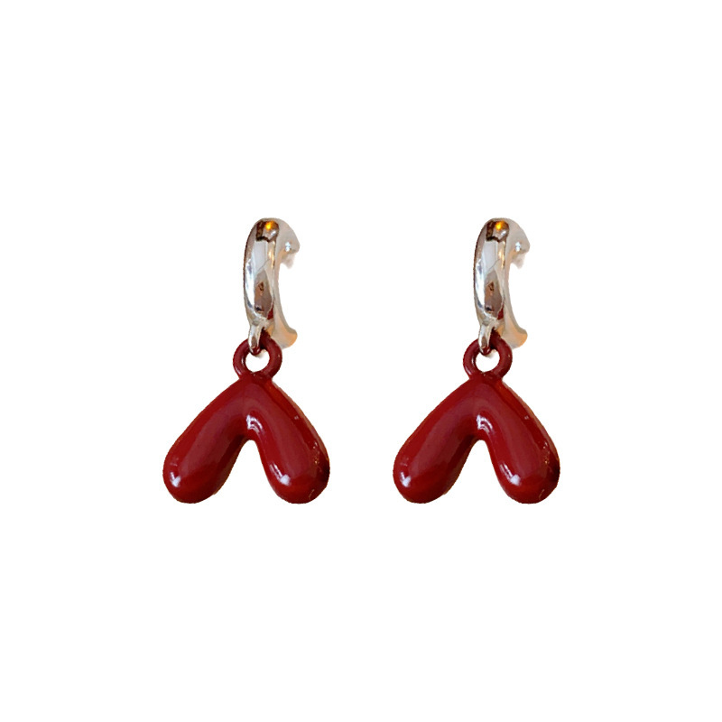Ankola Red Silver Needle Drop Oil Love Pendientes Pendientes de temperamento simple de moda Pendientes retro de alto nivel de nicho Mujeres