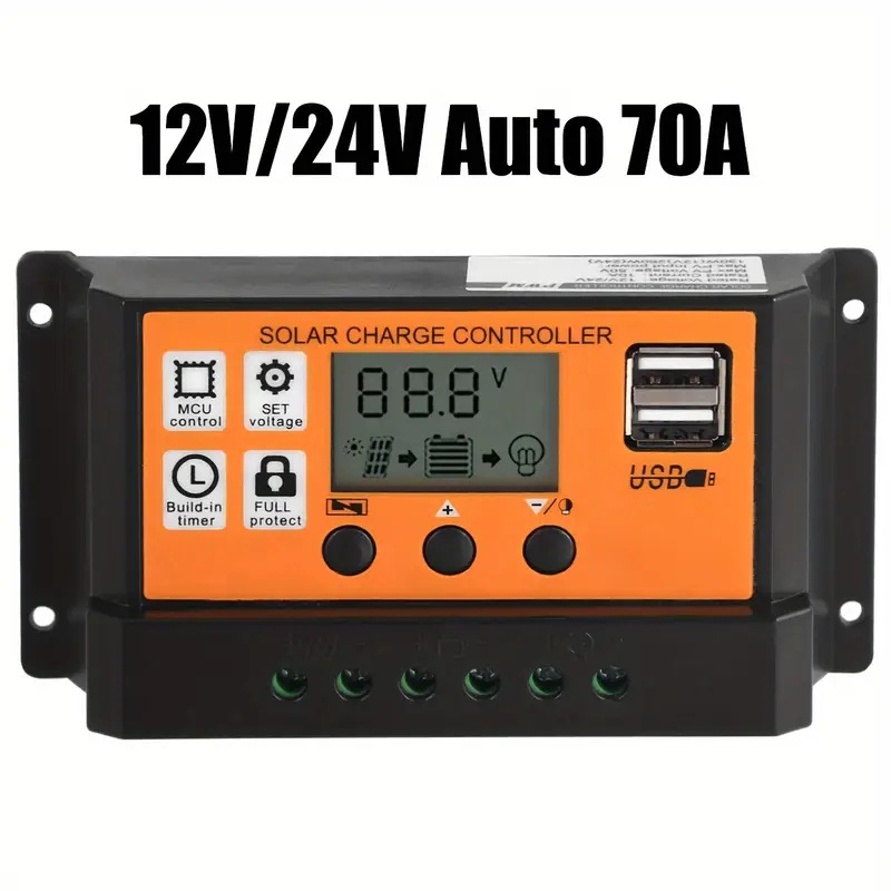 Controlador de carga solar - automático de alta eficiencia 12V / 24V con pantalla LCD, puerto USB dual
