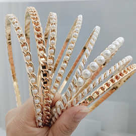 链条珍珠发箍女2023年新款压发头箍简约百搭发卡外出森系头饰批发