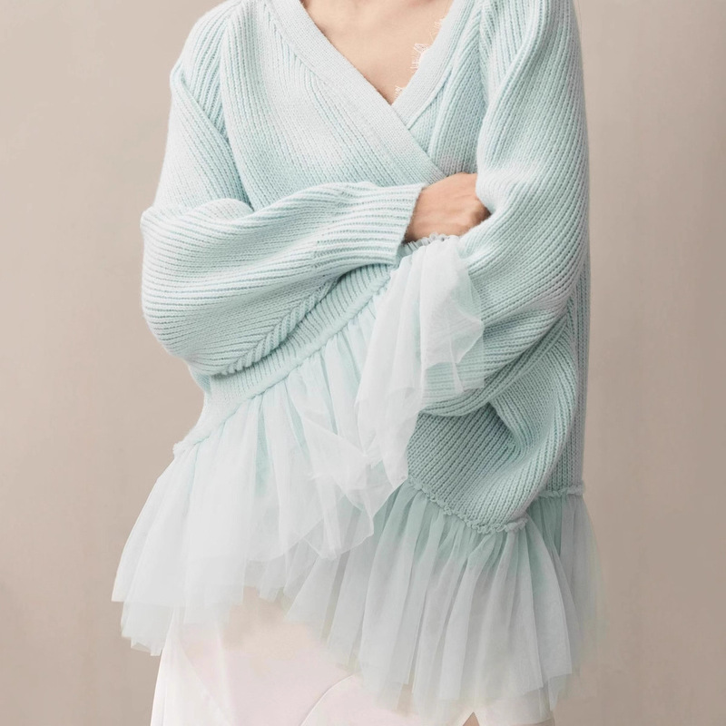 Customized Cross-Border European and American Style Ruffle Mesh Patchwork Knitted Sweater Cardigan Long-Sleeve Top Jacket Foreign Trade Women's Clothing
