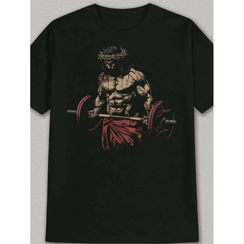 European Size Pure Cotton Black Fitness Coach Jesus Christ Weightlifting Art
