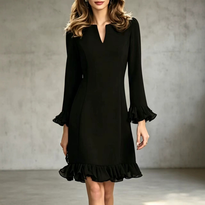 Amazon 2026 Autumn/Winter New European and American Cross-Border Women's Fashion V-Neck Dress with Ruffled Long Sleeves and A-Line Skirt