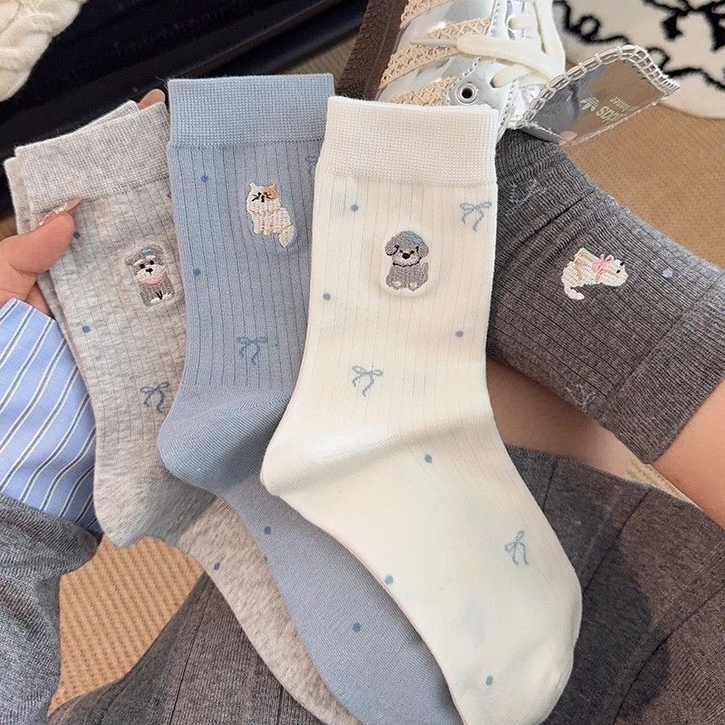 Autumn Mid-Calf Sweat-Absorbing Antibacterial Socks with Sweet Bowknots, Cute Embroidered Socks for Women Featuring Puppies and Kittens for Autumn and Summer