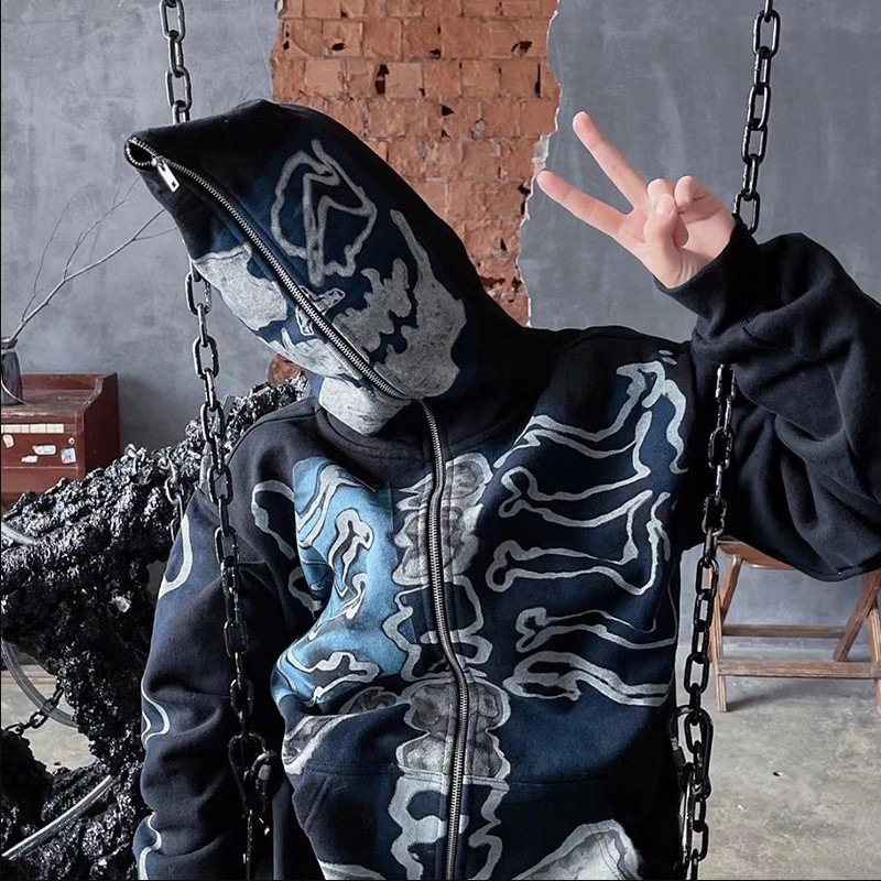 American Trendy Brand Cactus Jack Tenghao Small Lightning Zipper Fleece-Lined Hooded Sweatshirt Hoodie