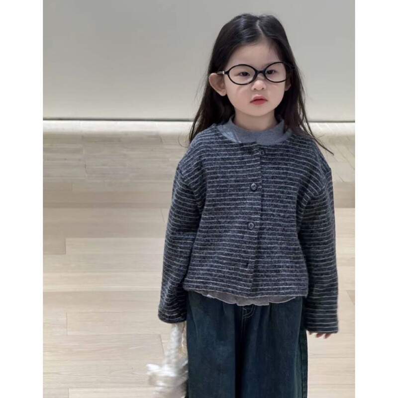 韩版童装2025秋季新款女宝宝条纹开衫花边打底衫牛仔阔腿裤三件套|undefined