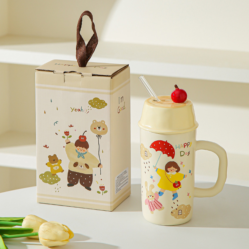 Caricatura creativa para niños y niñas tazas de cerámica con cubierta de paja para parejas tazas de agua taza de leche taza de desayuno regalo