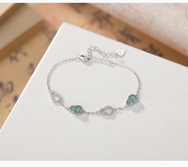Vòng tay bạc S925 đính ngọc bích xanh phong cách Trung Quốc Fulu rỗng — Mẫu ngọc bích nước xanh chi tiết 4