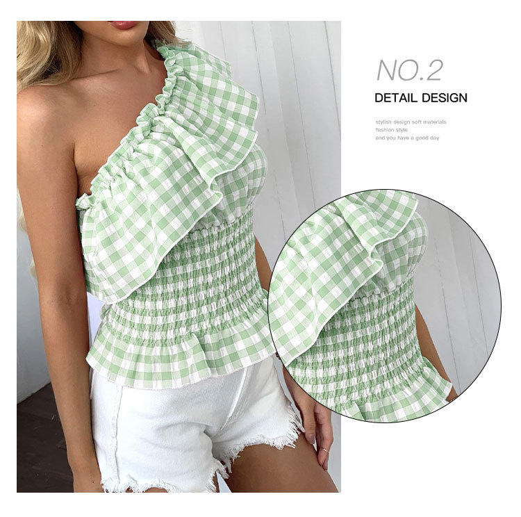 plaid print sleeveless single-breasted ruffled top  NSGHF122917