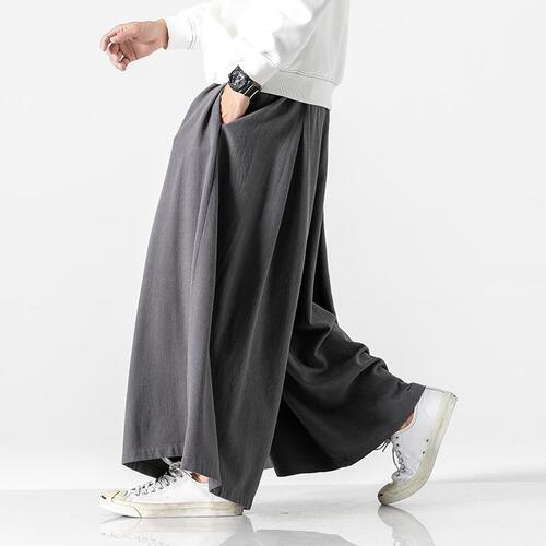 Spring Men's Pants Cotton Linen Casual Loose Large Size Cotton Linen Material Three-quarter Length Pants Chinese Style Retro Wide Leg Pants Skirt Pants
