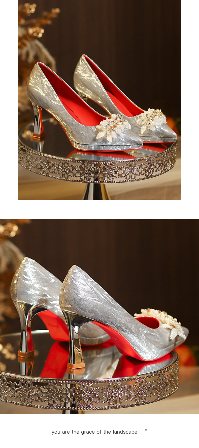 Giày cao gót mũi nhọn stiletto đính ngọc trai hoa quyến rũ, dáng thời thượng — Rượu sâm banh chi tiết 9