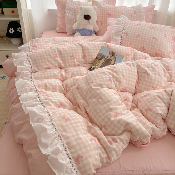 Princess wind fairy cotton sweet lace four-piece cotton bedding sheets bed skirt bed hat bed bag set