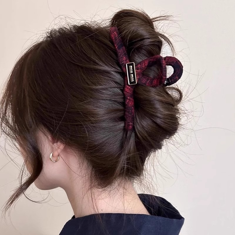 レトロチェック柄生地グリッパー大型スプリングサメクリップライト高級ゴールドラベルヘアピン女性の後頭部ヘアピンヘアアクセサリー|undefined