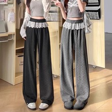 蕾丝拼接波点阔腿运动弯刀裤女2026春季新款高腰显瘦宽松休闲卫裤