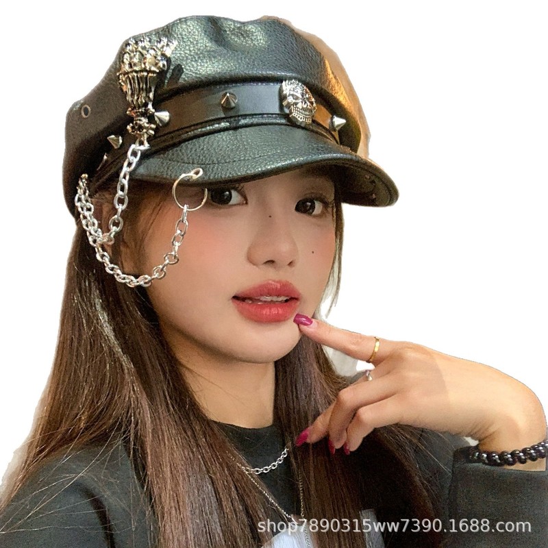 暗黑朋克风铆钉皮质黑色贝雷帽女亚文化辣妹显脸小画家帽子潮|undefined
