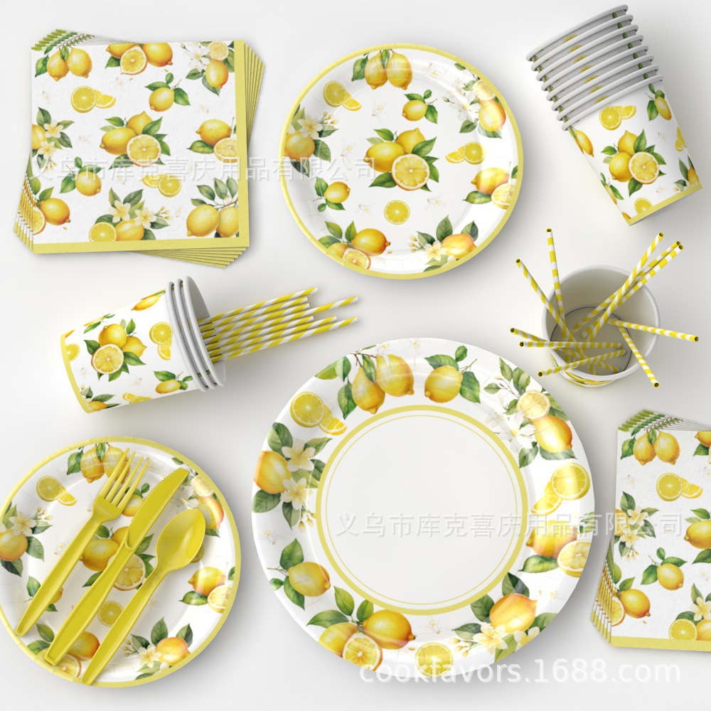 Cross-border amarillo tema de limón decoración de fiesta verano limón cumpleaños bandeja de papel desechable taza de papel toalla de papel mantel