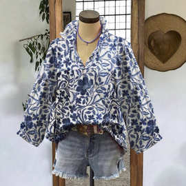 新款跨境欧美亚马逊独立站速卖通印花V领荷叶边长袖女装上衣