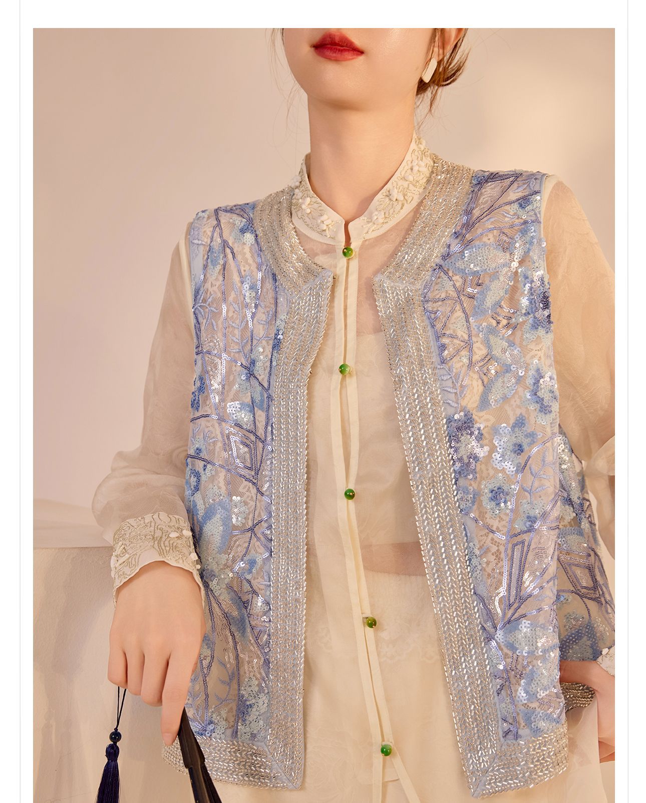 Áo vest gile nữ không tay thêu đính cườm phong cách Trung Quốc mới — màu xanh chi tiết 9