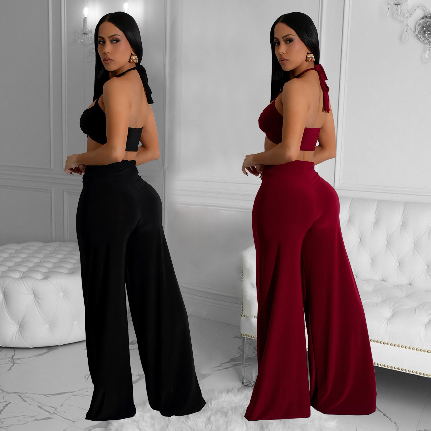 C7236 Aliexpress transfronterizo Amazon Europa y América ropa de moda de mujer de color sólido sexy pantalones de pecho de dos piezas nuevos