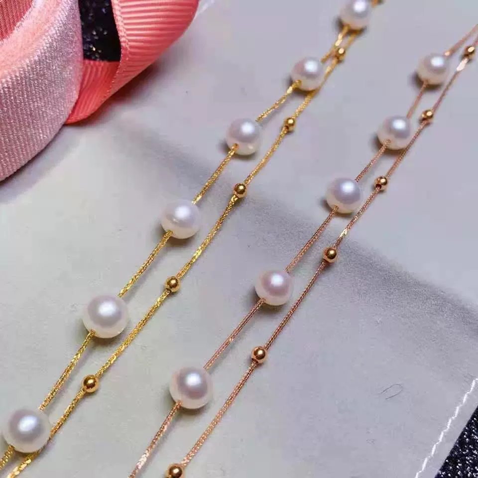 恒升18K金双层珍珠素链手链女款玫瑰金手饰AU750黄金黄手串饰品
