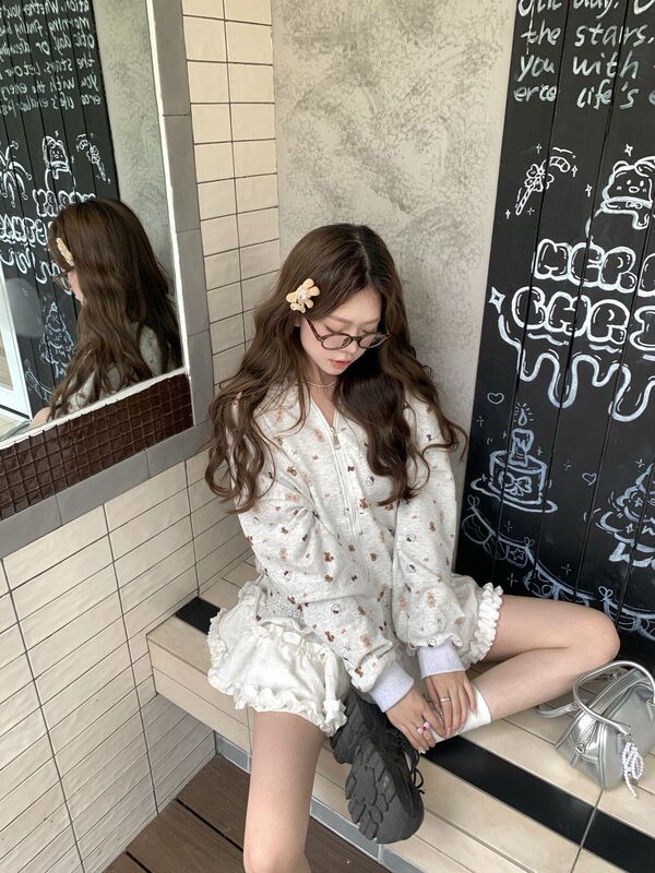 韩系chic连帽开衫外套女初秋新款慵懒风宽松卡通印花外穿百搭卫衣|undefined