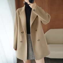 西装领女士纯羊毛双面呢大衣气质通勤经典纯色中长款带兜系扣外套