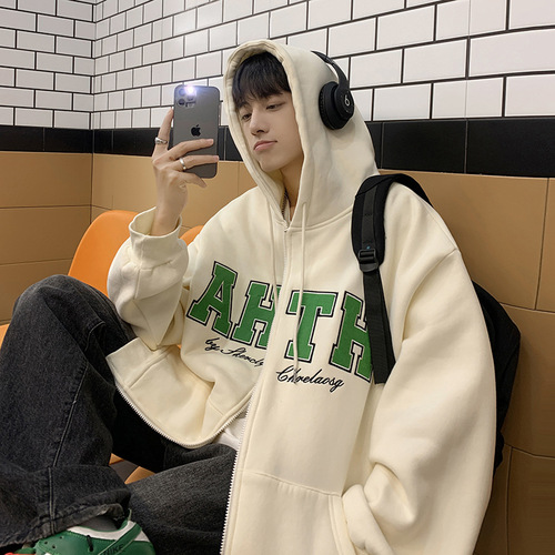 American-style hoodie jacket for men, autumn and winter version, trendy brand, loose, lined, winter hooded zipper cardigan garment