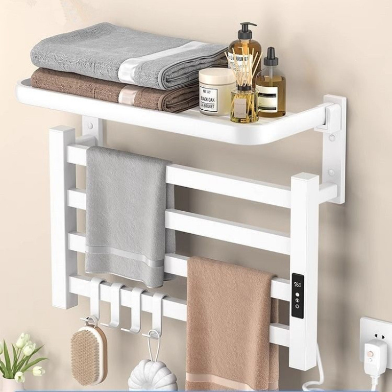Smart electric heated towel rack, bathroom storage rack, household towel rack, no-drill installation, disinfecting electric heating dryer