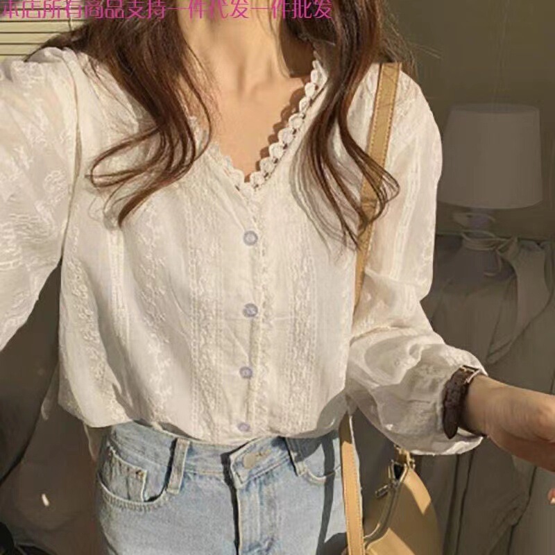 Korean Ins Simple Lace V-Neck White Shirt 2026 Autumn New Loose Versatile Long-Sleeve Slimming Top for Women
