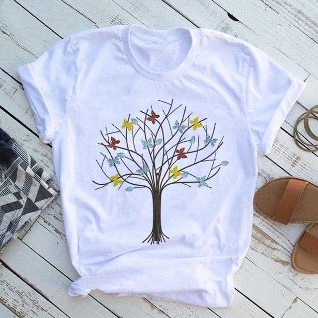 2024 Butterfly Tree T-Shirt butterfly tree printed women's casual short sleeved T-shirt_voghion.com