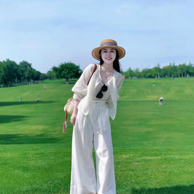 夏上新！夏日老钱风小个子套装女慵懒风防晒衬衫+阔腿裤两件套|undefined