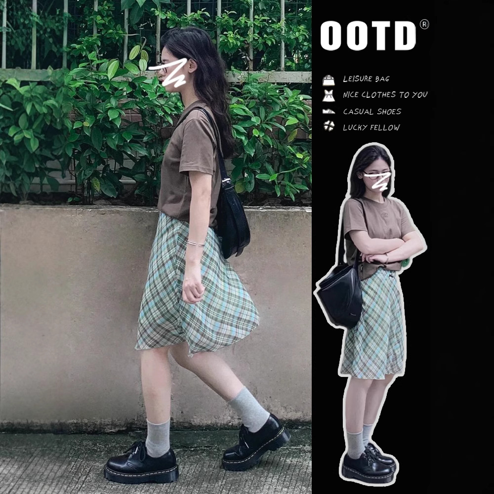 Japanese retro green colored plaid spring summer skirt