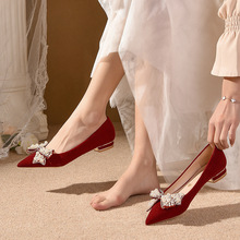 婚鞋女平底水鑽秀禾服婚紗兩穿2023年新款新娘鞋紅色孕婦舒適單鞋