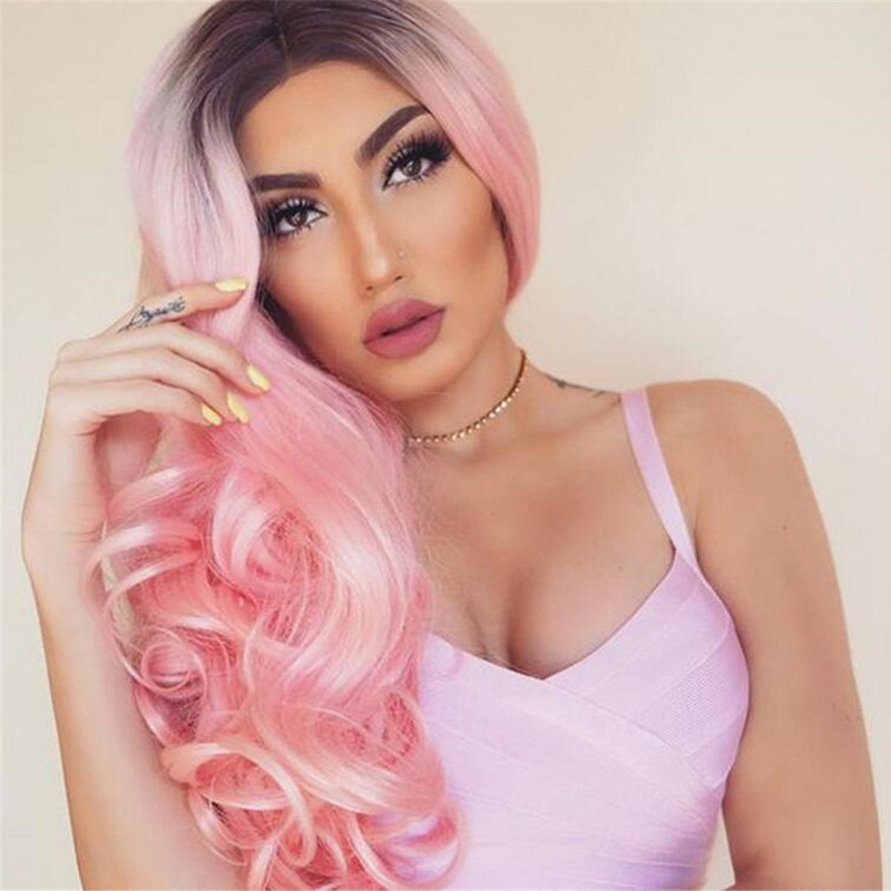 Perruque synthétique femme perruque noir dégradé rose longue sexy grande vague bouclés teints fibre synthétique bandeau cheveux_voghion.com